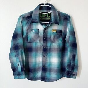 Dixxon Youth Boys Plaid Pearl Snap Flannel Shirt XS Navy Blue Turquoise Outdoor